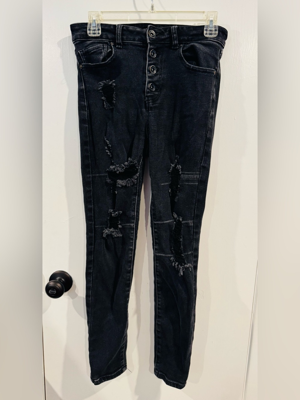 Skinny Fries women size 11 Black Distressed High-Waist Button-Fly jeans